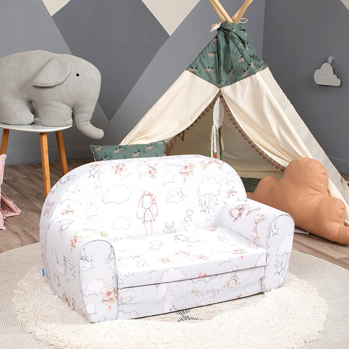 Delsit Toddler Couch and Kids Flip Open Foam Double Sofa, Sweet Dreams Bunny - VMInnovations