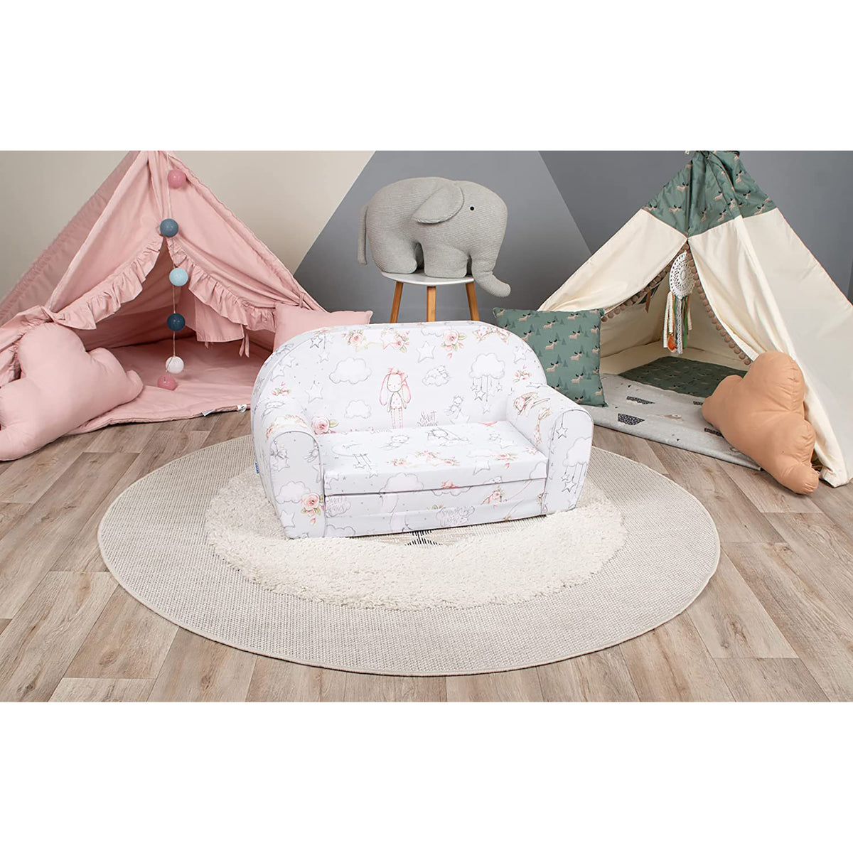 Delsit Toddler Couch and Kids Flip Open Foam Double Sofa, Sweet Dreams Bunny - VMInnovations