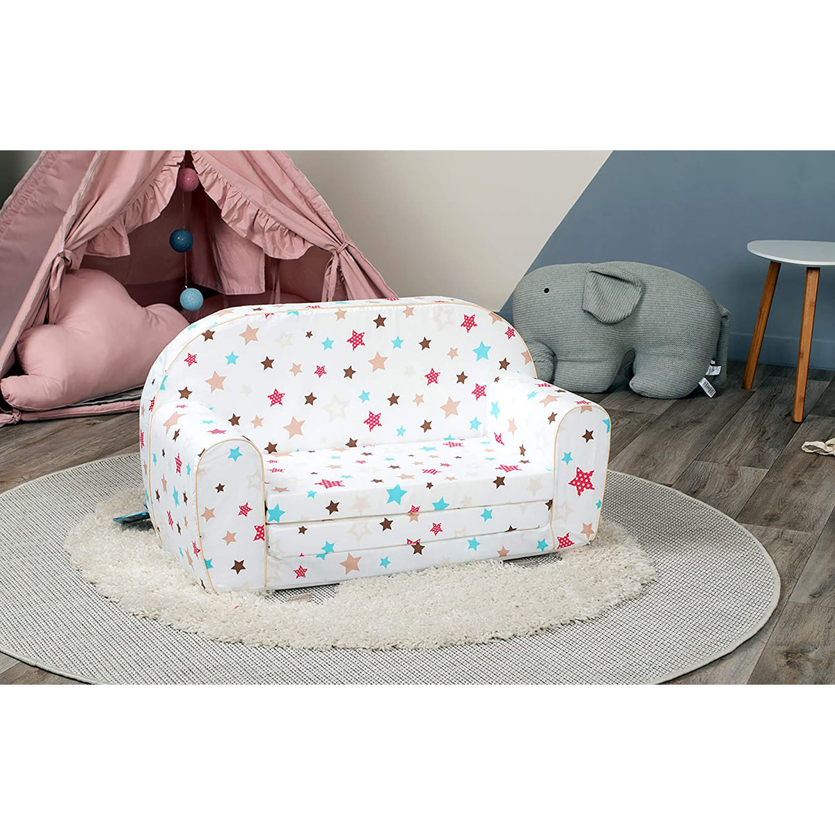 Delsit Toddler Couch & Kids 2 in 1 Flip Open Foam Double Sofa, White with Stars - VMInnovations