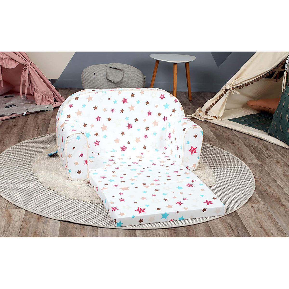 Delsit Toddler Couch & Kids 2 in 1 Flip Open Foam Double Sofa, White with Stars - VMInnovations
