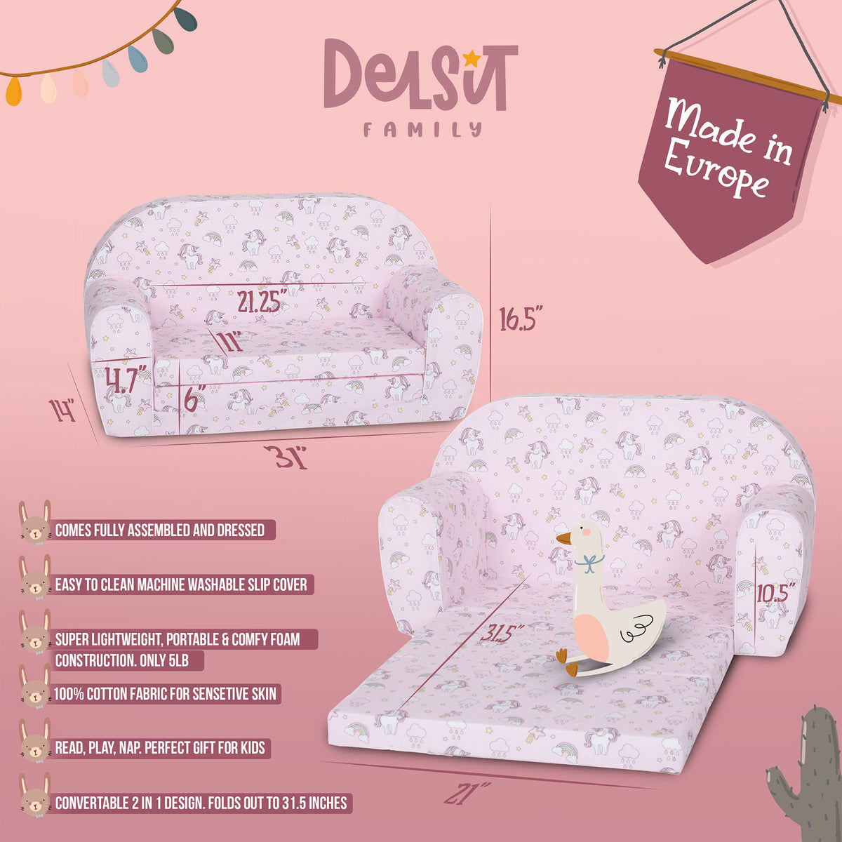 Delsit Toddler Couch & Kids Flip Open Foam Double Sofa, Unicorns & Rainbows Pink - VMInnovations