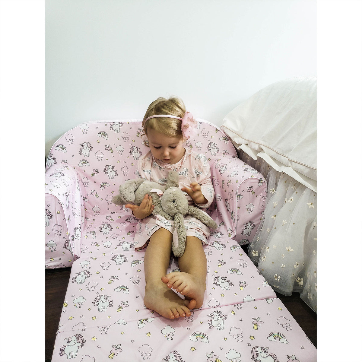 Delsit Toddler Couch & Kids Flip Open Foam Double Sofa, Unicorns & Rainbows Pink - VMInnovations