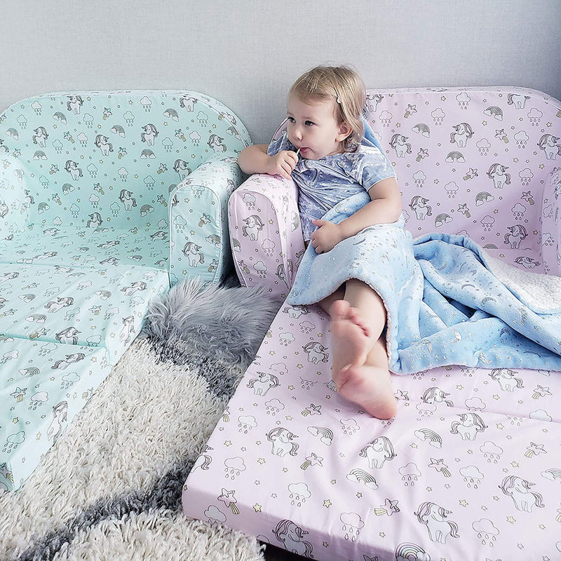 Delsit Toddler Couch & Kids Flip Open Foam Double Sofa, Unicorns & Rainbows Pink