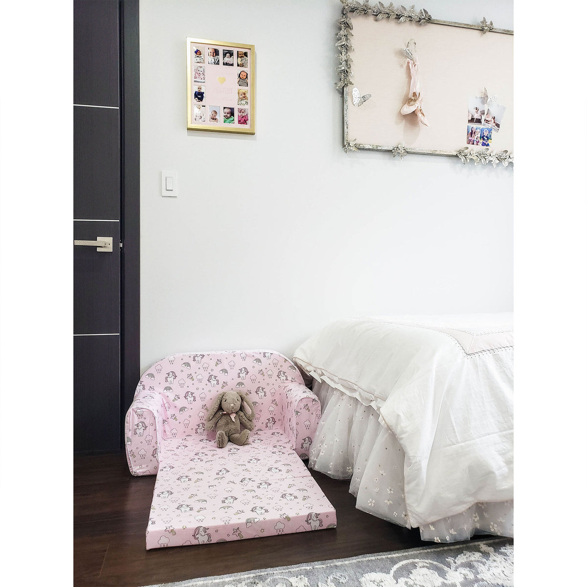 Delsit Toddler Couch & Kids Flip Open Foam Double Sofa, Unicorns & Rainbows Pink - VMInnovations