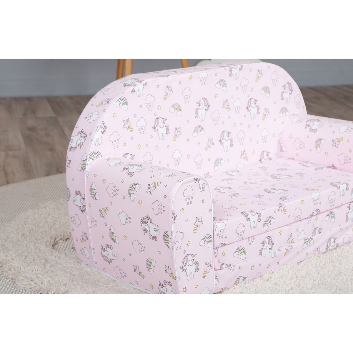 Delsit Toddler Couch & Kids Flip Open Foam Double Sofa, Unicorns & Rainbows Pink - VMInnovations