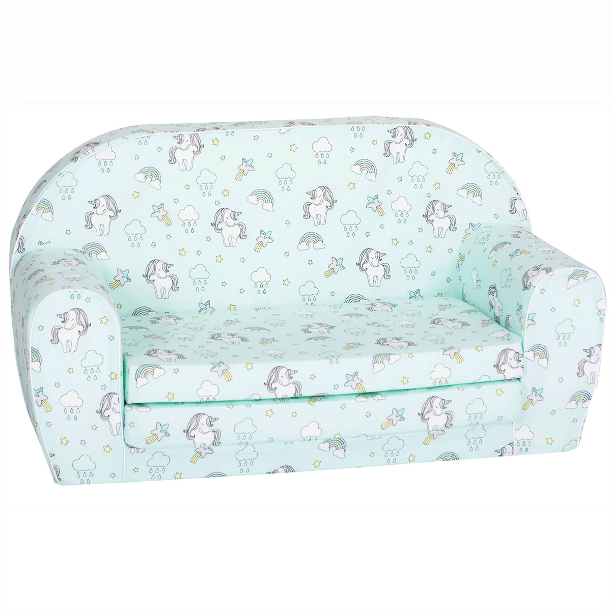 Delsit Toddler Couch & Kids Flip Open Foam Double Sofa, Unicorns & Rainbows Mint - VMInnovations