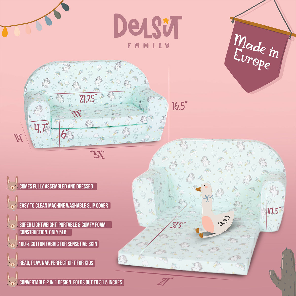 Delsit Toddler Couch & Kids Flip Open Foam Double Sofa, Unicorns & Rainbows Mint - VMInnovations