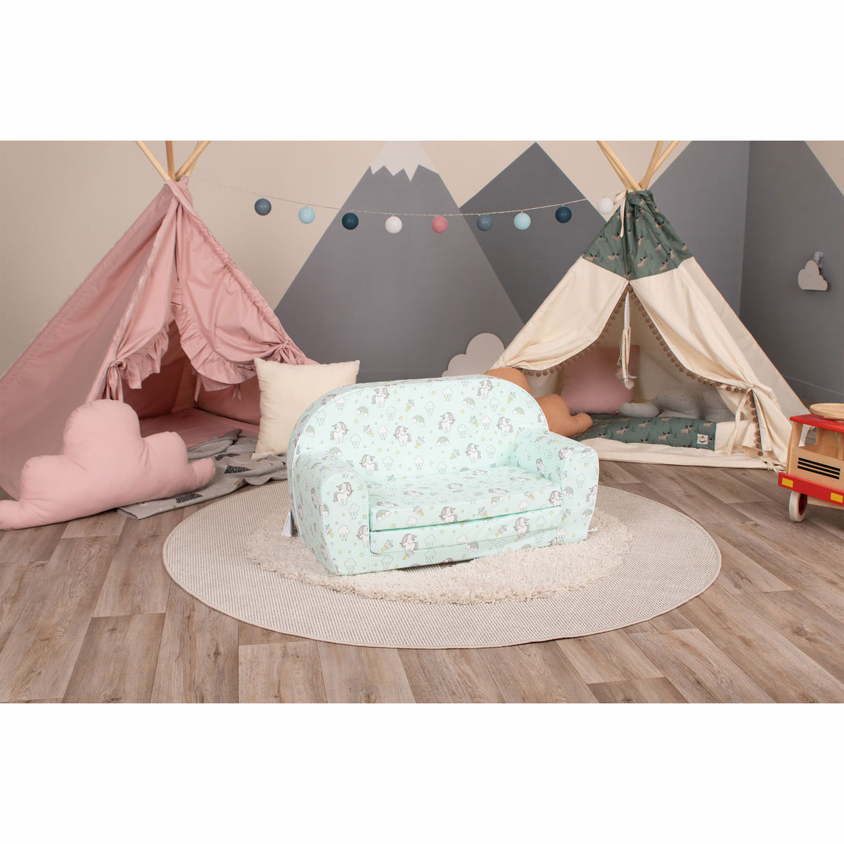 Delsit Toddler Couch & Kids Flip Open Foam Double Sofa, Unicorns & Rainbows Mint - VMInnovations