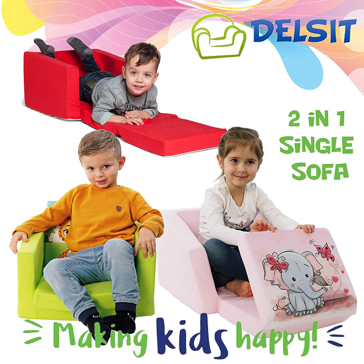 Delsit Lightweight Toddler & Kids Flip Open Single Sofa, Unicorn & Rainbows Pink - VMInnovations