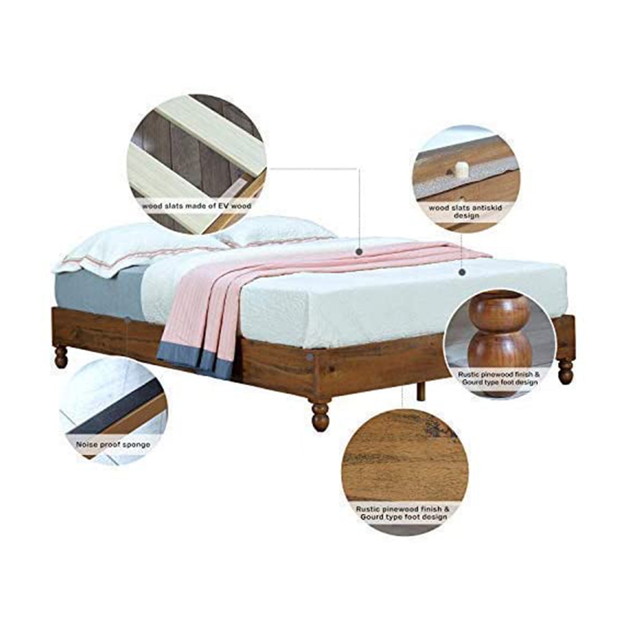 MUSEHOMEINC 12in Solid Pine Wood Platform Bed Frame w/ Wooden Slats (Open Box) - VMInnovations