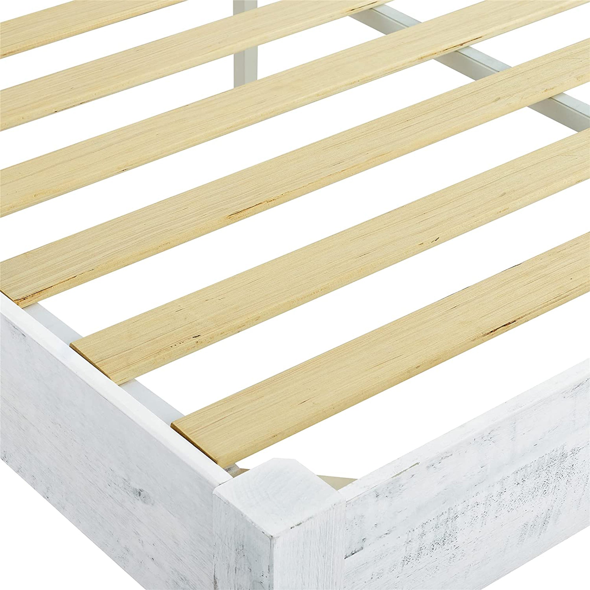 MUSEHOMEINC Pine Wood 12 Slat Platform Rustic Bed Frame, Whitewashed, Queen - VMInnovations