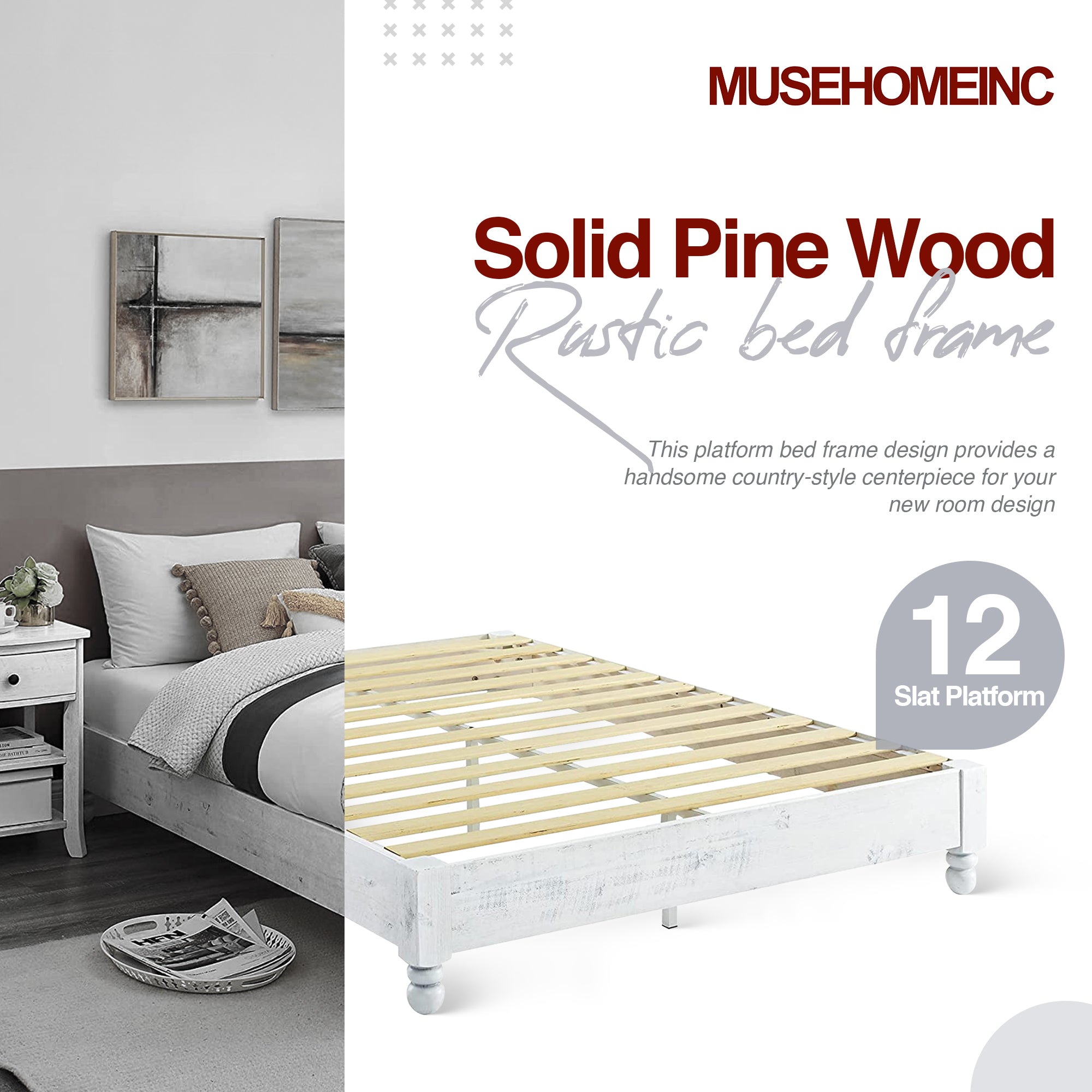 Solid Pine Wood 12 Slat Platform Rustic Bed Frame, Whitewashed, King (Used) - VMInnovations