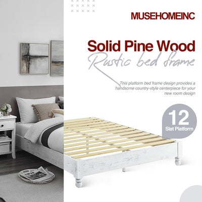 Solid Pine Wood 12 Slat Platform Rustic Bed Frame, Whitewashed, King (Used)