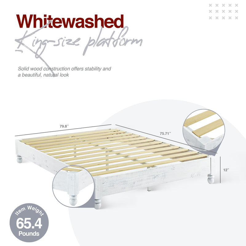 Solid Pine Wood 12 Slat Platform Rustic Bed Frame, Whitewashed, King (Used)