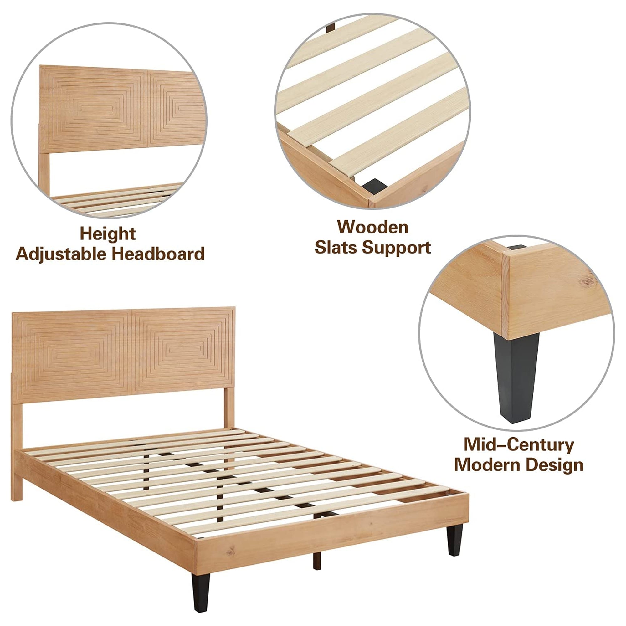 MUSEHOMEINC Solid Pine Wood Mid Century Platform Rustic Bed Frame (Open Box) - VMInnovations