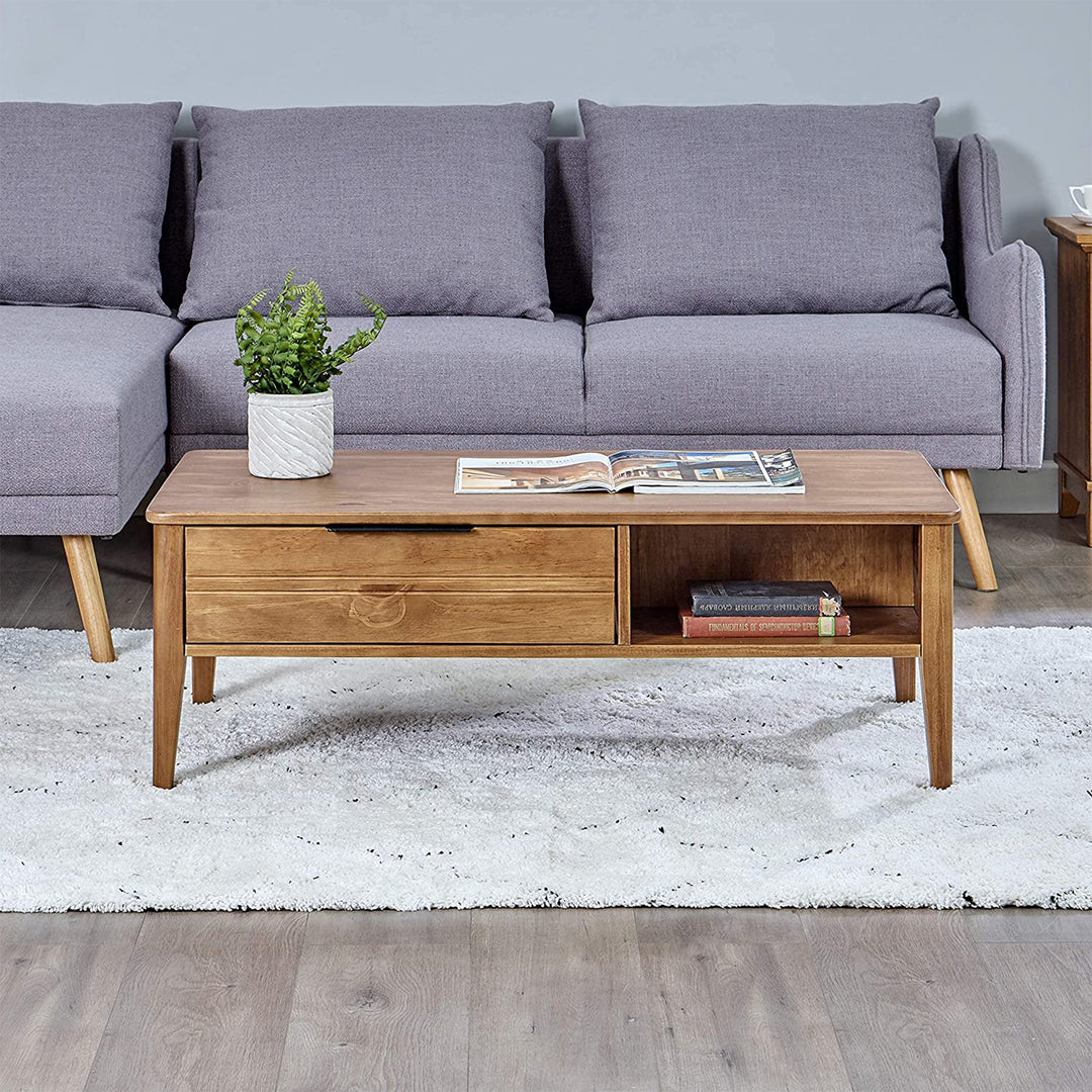 MUSEHOMEINC Mid Century Modern Rectangular Coffee Table with Drawer, Honey Brown - VMInnovations