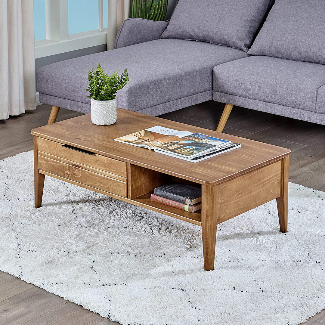 MUSEHOMEINC Mid Century Modern Rectangular Coffee Table with Drawer, Honey Brown - VMInnovations
