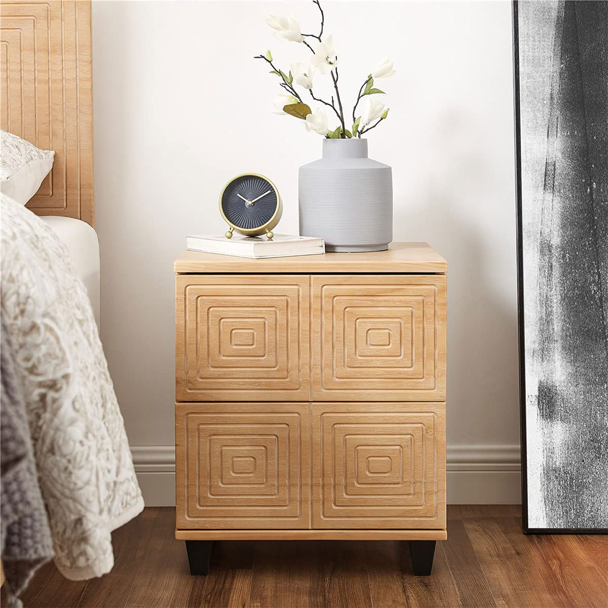 MUSEHOMEINC Modern 2 Drawer Geometric Solid Wood Bedroom Nightstand End Table
