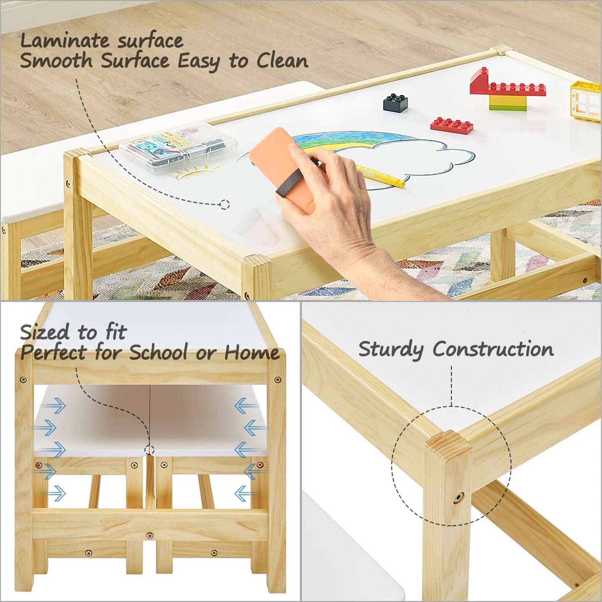 MUSEHOMEINC Wooden 3 In 1 Kids Activity Play Table and Bench Chair Set(Open Box) - VMInnovations