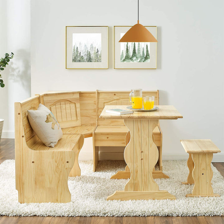 MUSEHOMEINC Traditional 3 Piece Solid Wood Nook Dining Table Set w/Bench, Nature - VMInnovations
