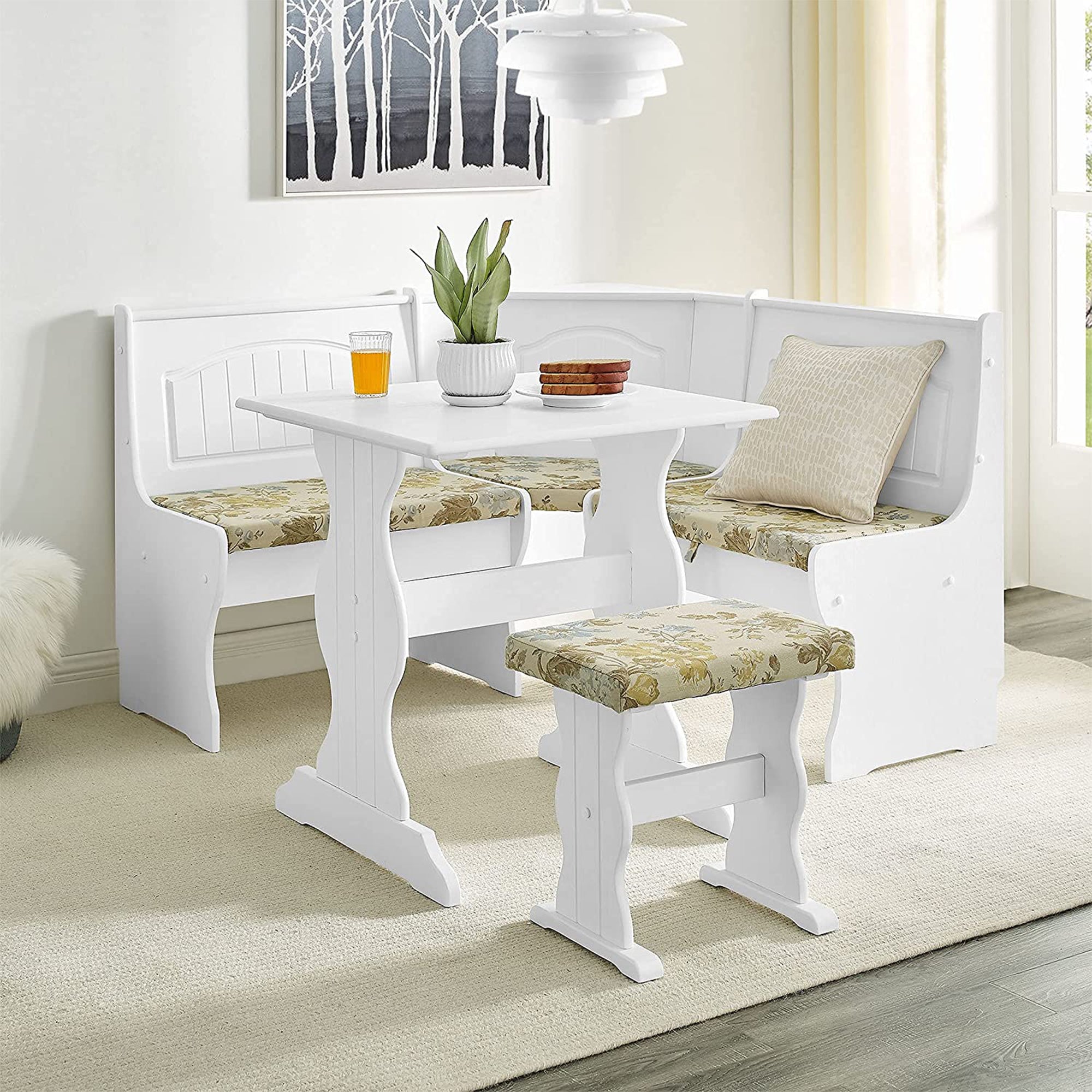 MUSEHOMEINC Traditional 3 Piece Solid Wood Nook Dining Table Set w/ Bench, White - VMInnovations