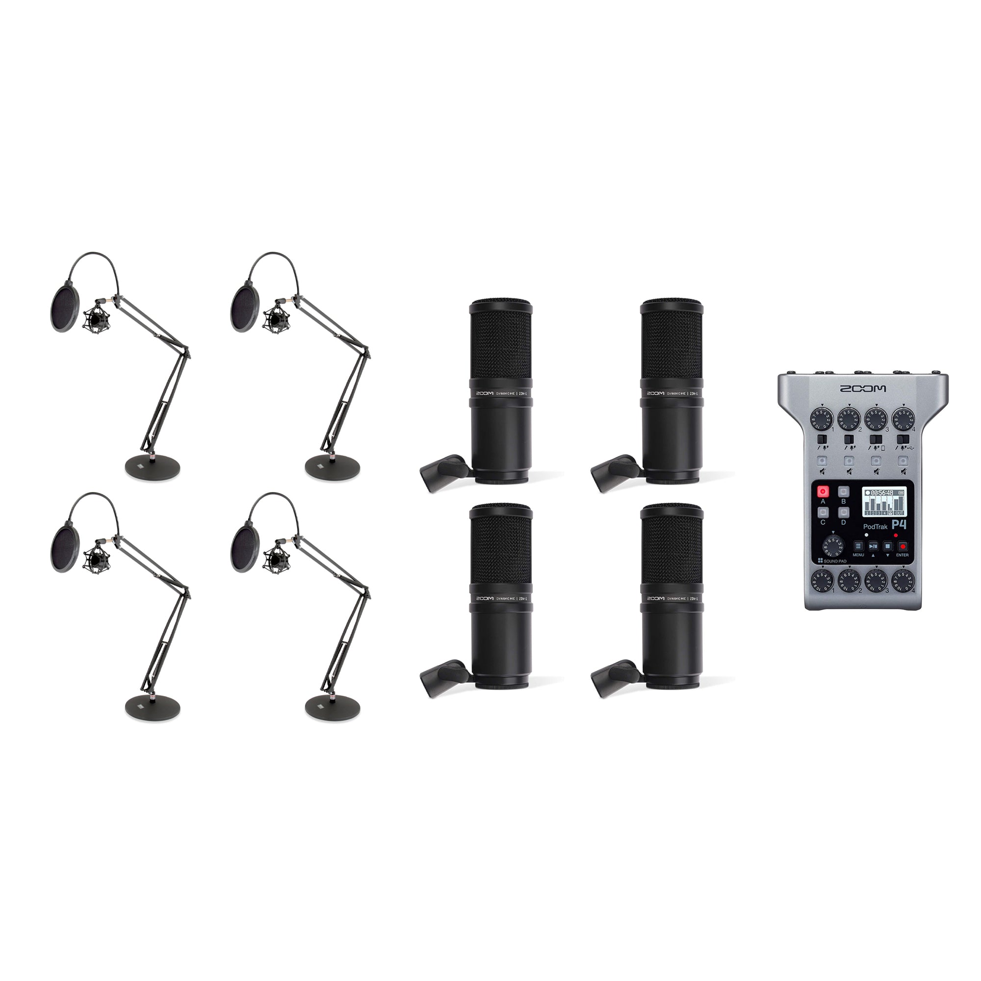 Zoom PodTrak Digital Recorder w/ 4 Dynamic Microphones & 4 Boom Desktop Arms