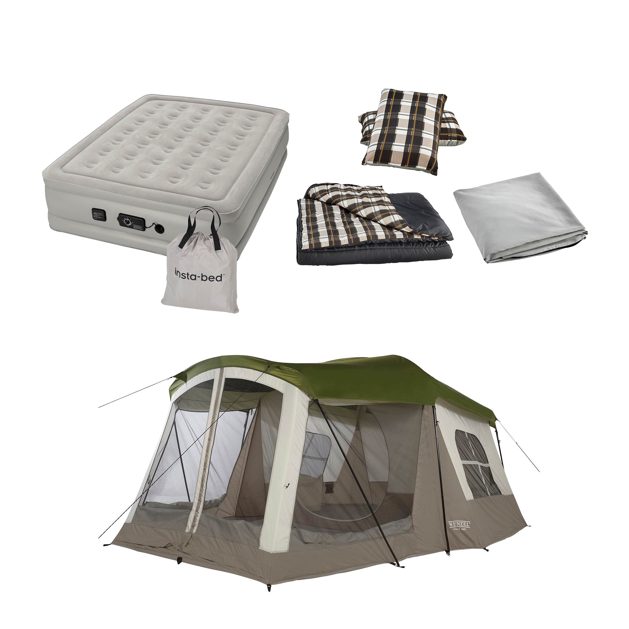Insta-Bed Queen Air Bed, 6 Piece Queen Bedding, and Wenzel Klondike Camping Tent