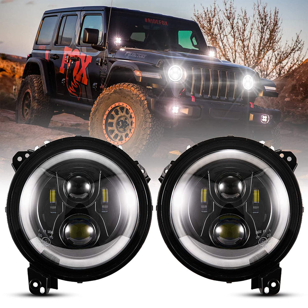 Fieryred 9" LED Halo Angel Eyes Headlights, Compatible w/ Wrangler JL 2018-2021 - VMInnovations