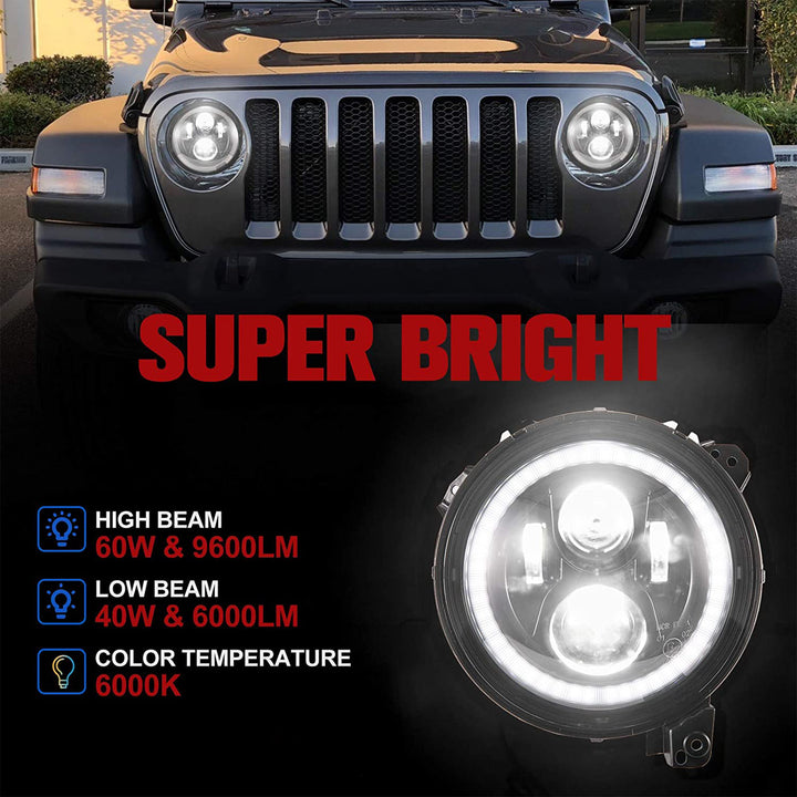 Fieryred 9" LED Halo Angel Eyes Headlights, Compatible w/ Wrangler JL 2018-2021 - VMInnovations
