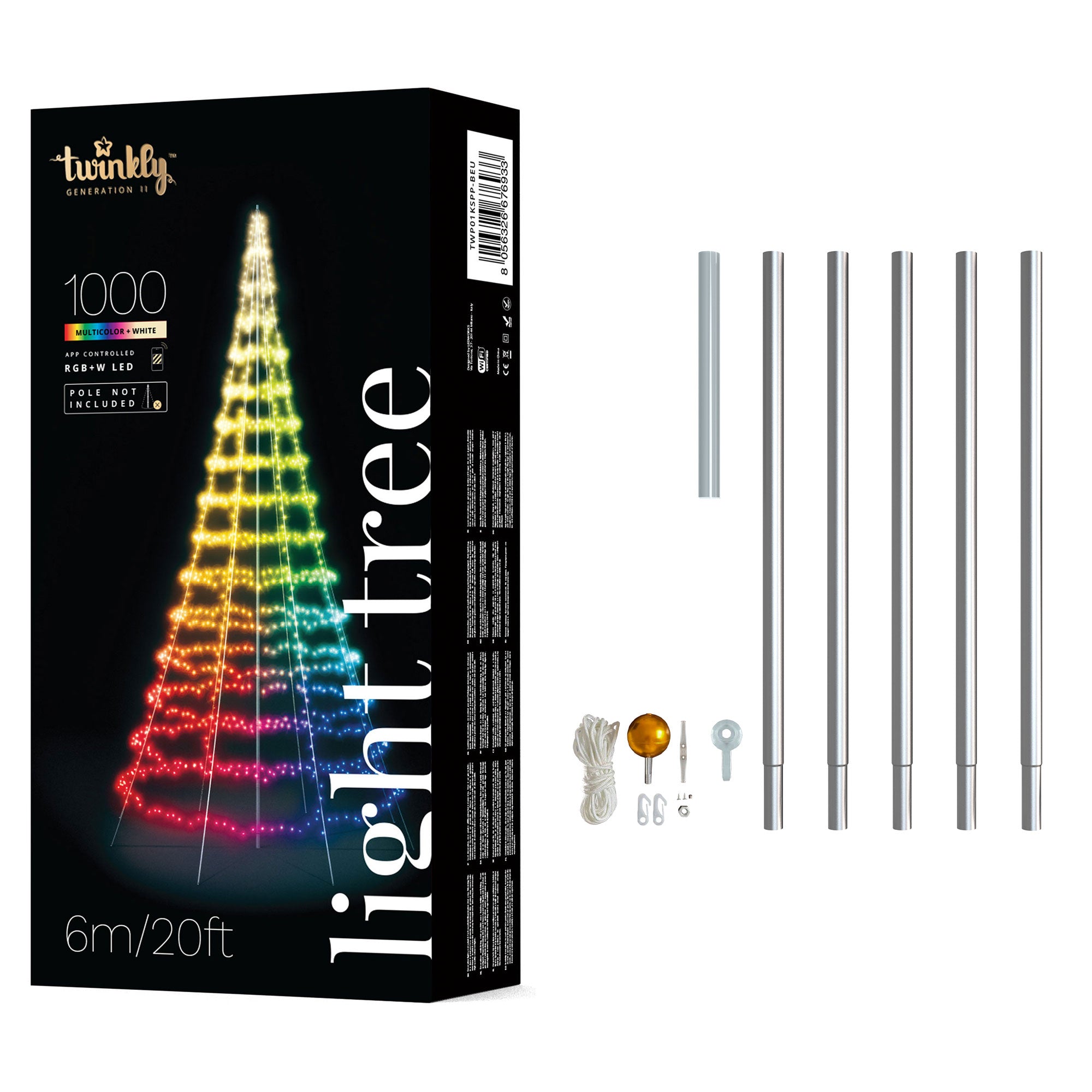 Twinkly Light Tree App-control Pole Christmas Tree 1000 RGB+W 19.7-Ft, Gray Pole