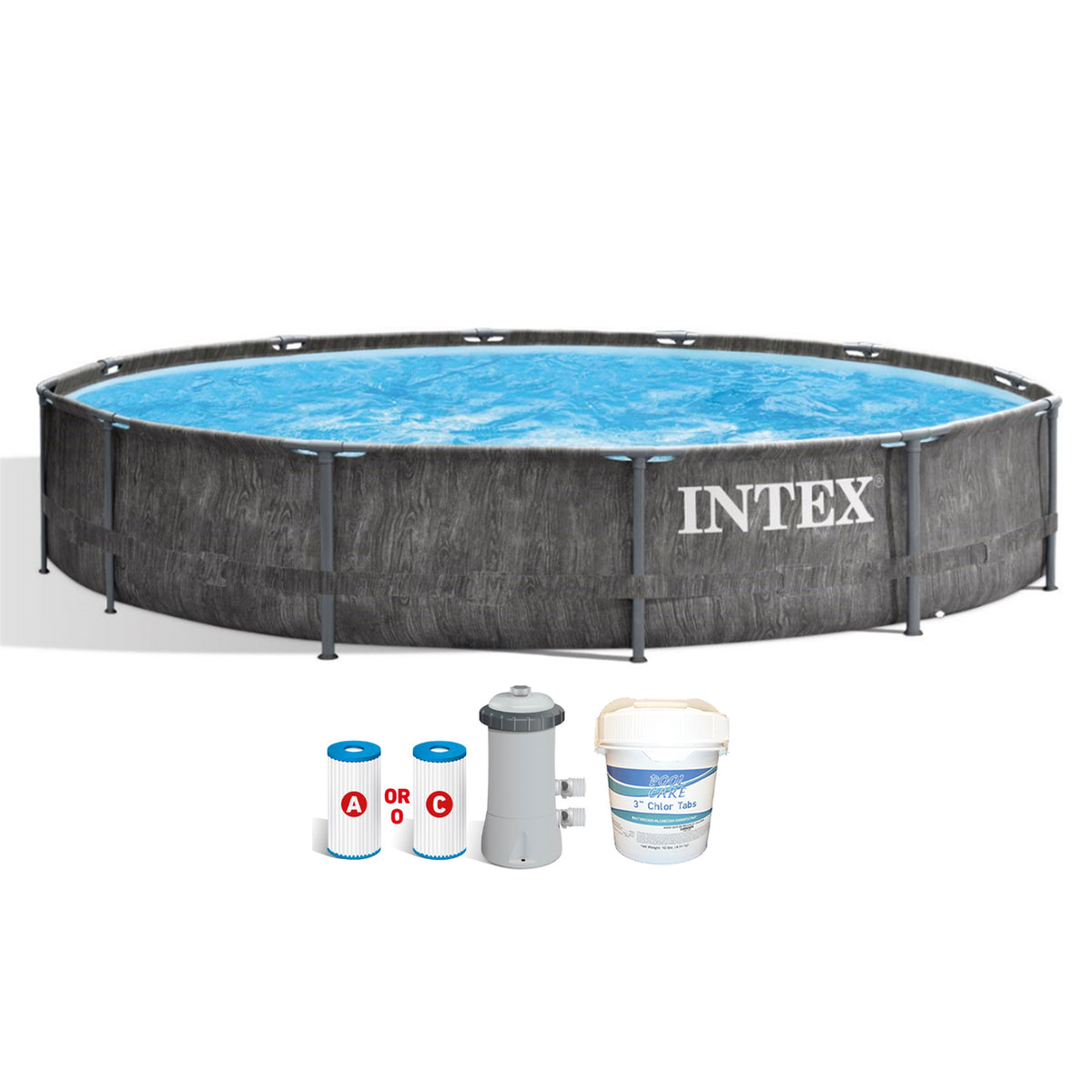 Intex 12 Foot x 30 Inch Greywood Prism Swimming Pool w/ Pump & Chlorine Tabs