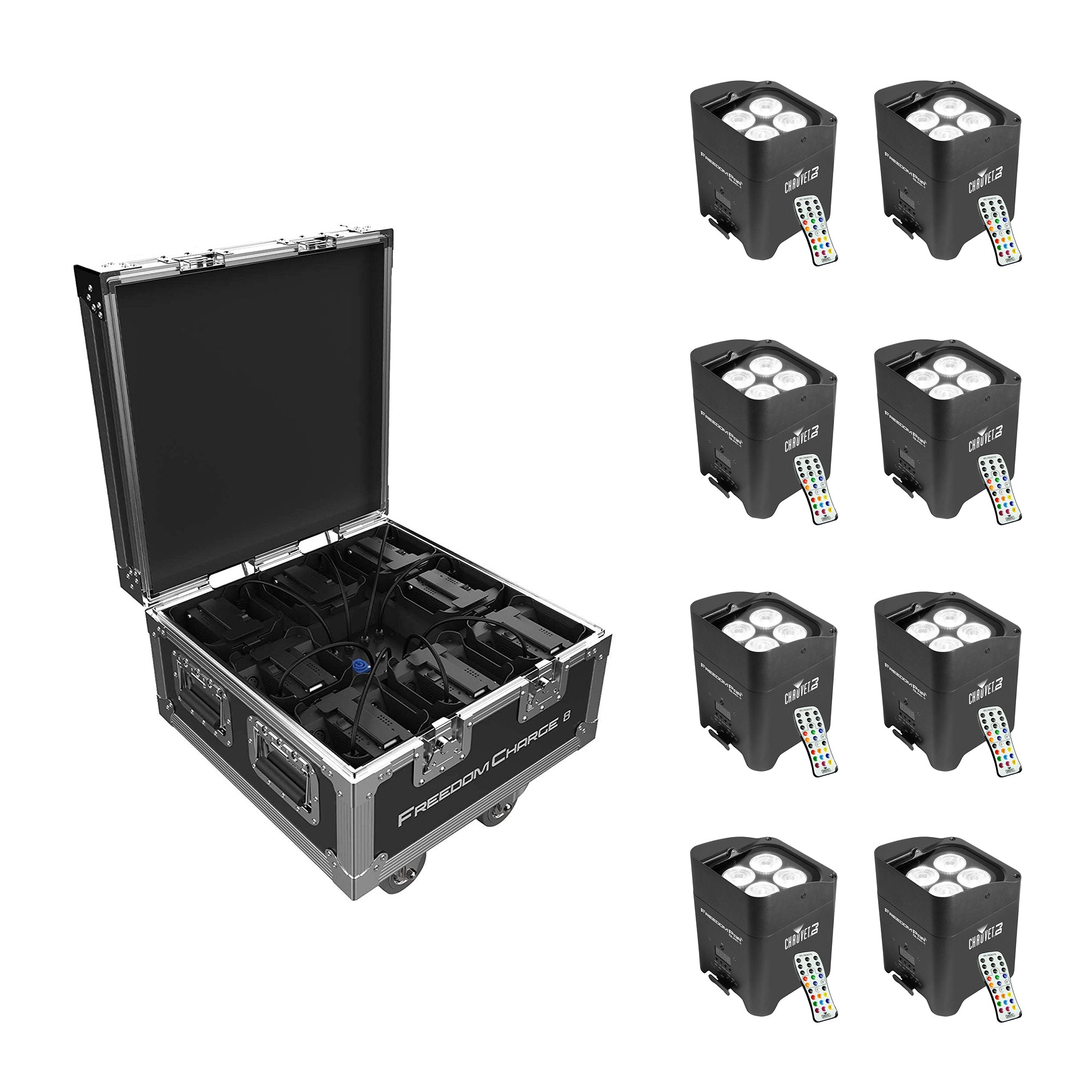 Chauvet DJ Freedom Par Quad 4 Wash Light w/ Remote (8 Pack) & Charging Road Case - VMInnovations