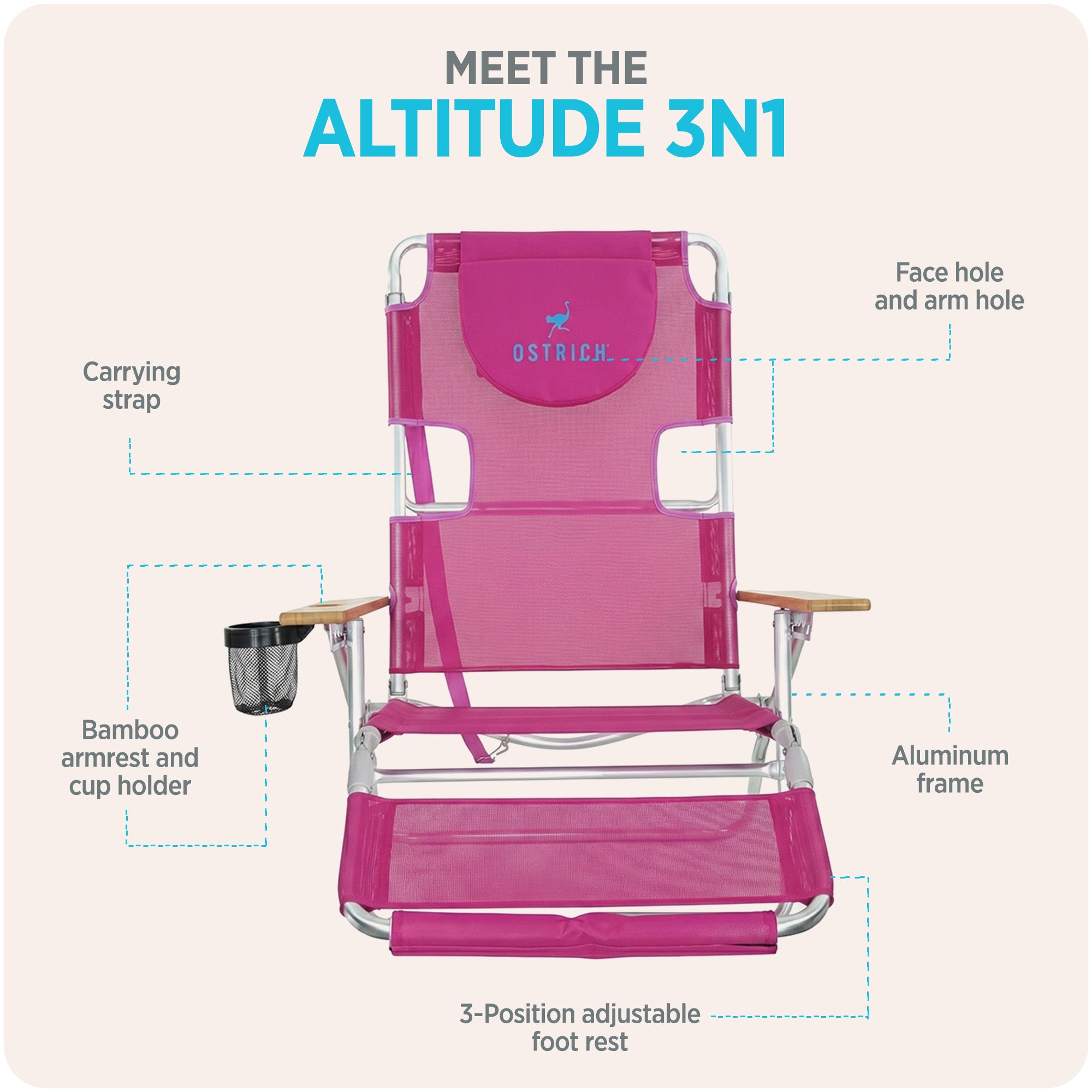 Ostrich Altitude 3N1 Outdoor Beach Lounge Chair with Footrest, Pink (Open Box) - VMInnovations