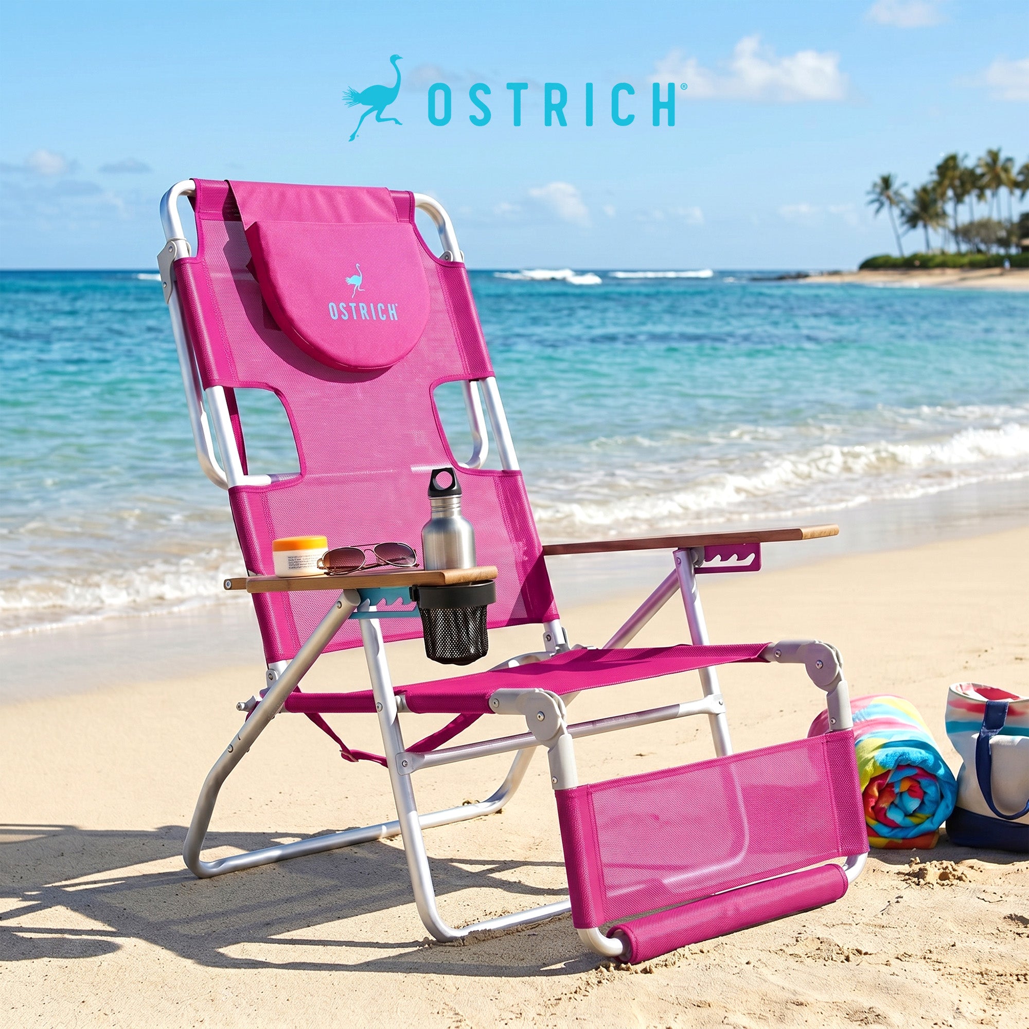 Ostrich Altitude 3N1 Outdoor Beach Lounge Chair with Footrest, Pink (Open Box) - VMInnovations