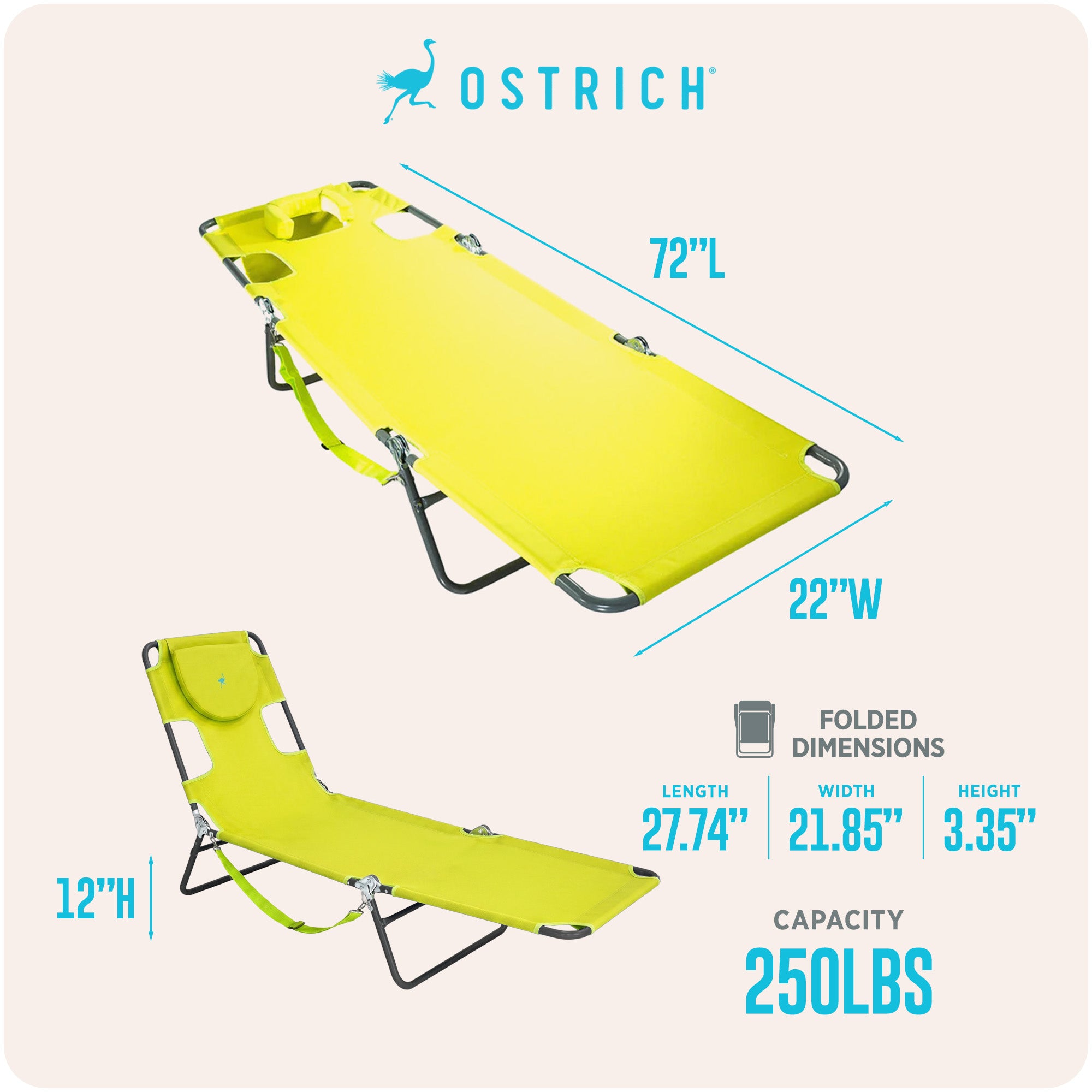 Ostrich Chaise Lounge Folding Portable Sunbathing Pool Beach Chair (Damaged)
