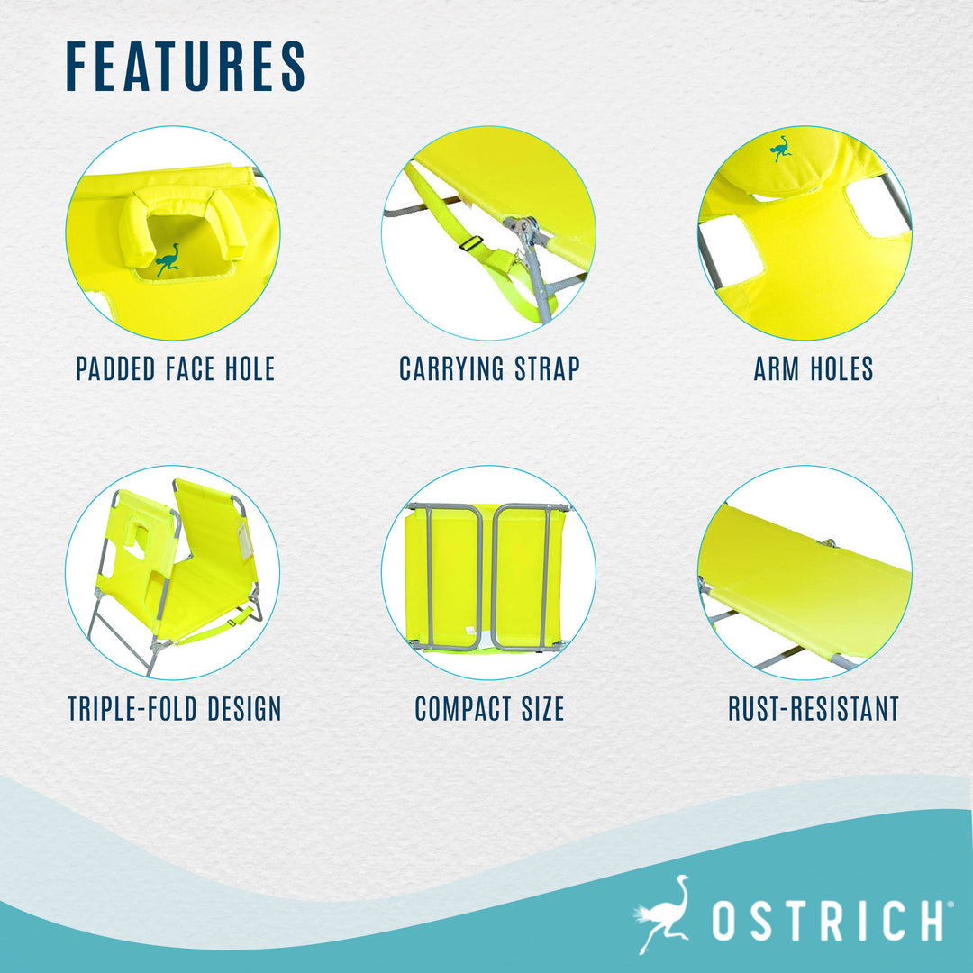 Ostrich Chaise Lounge Foldable Sunbathing Beach Lawn Chair, Neon Green (2 Pack) - VMInnovations