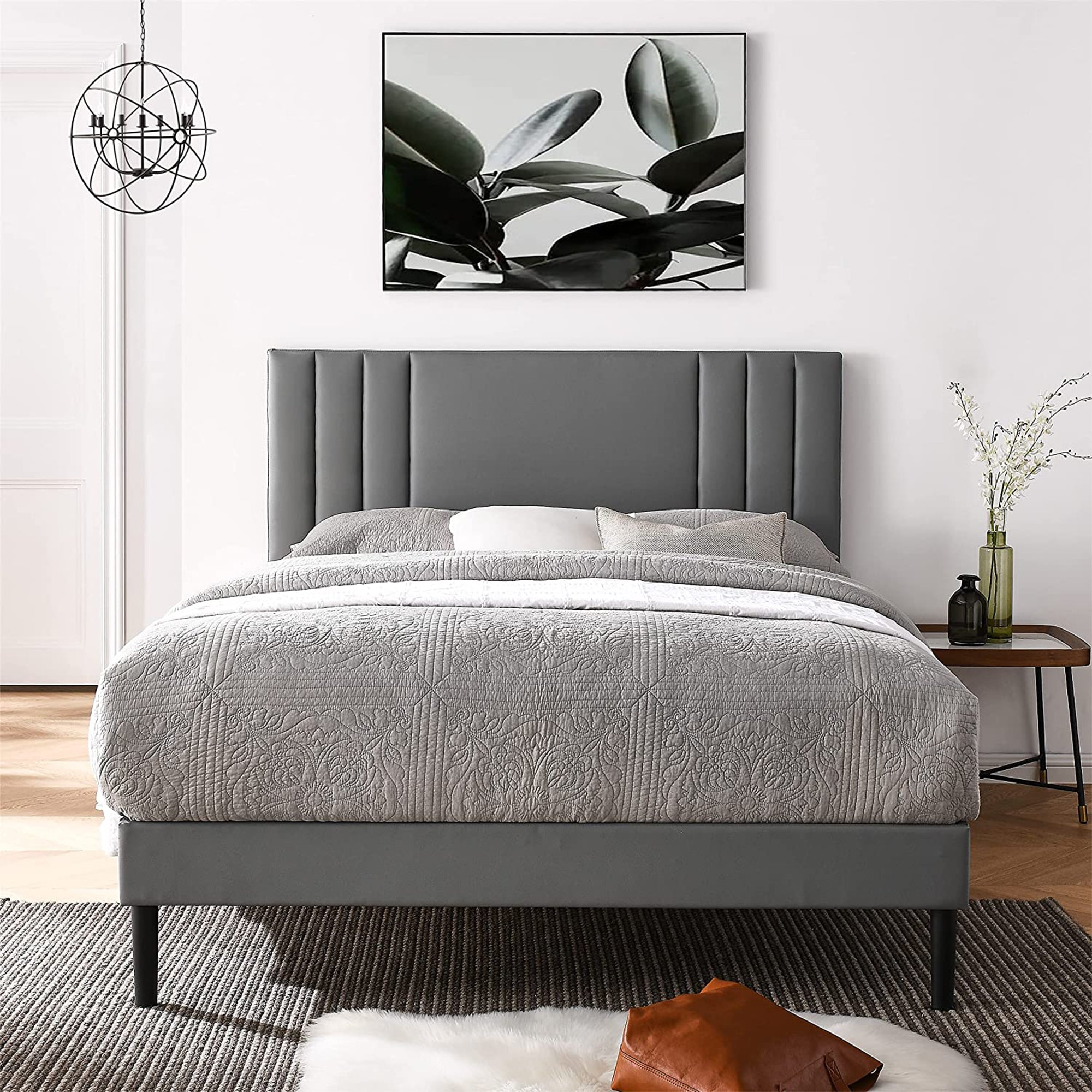 BIKAHOM Tufted Upholstered Platform Bed Frame w/Adj. Headboard, Full, Grey(Used) - VMInnovations