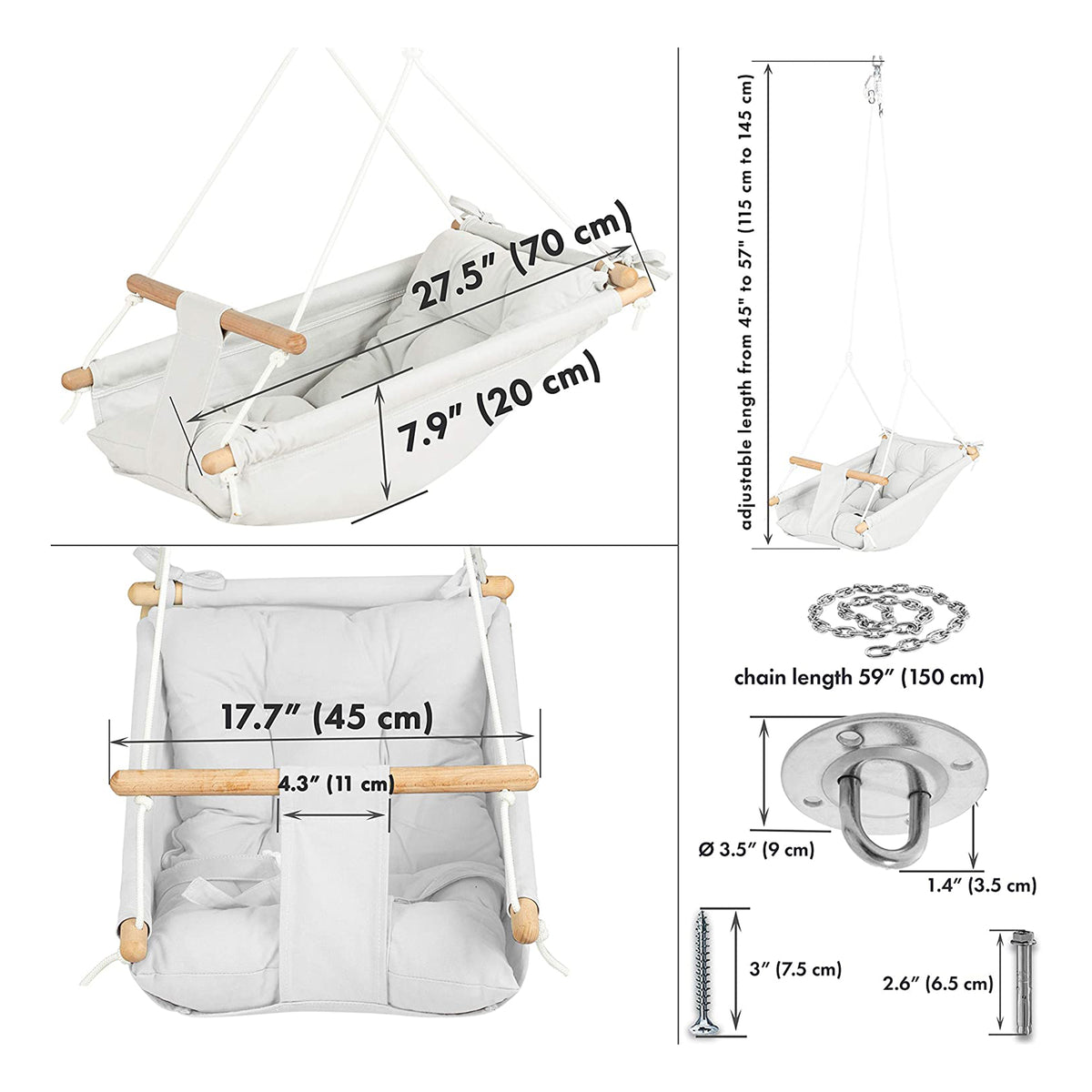 CaTeam Canvas Baby Wooden Hanging Swing Hammock Chair with Safety Belt, Ivory - VMInnovations