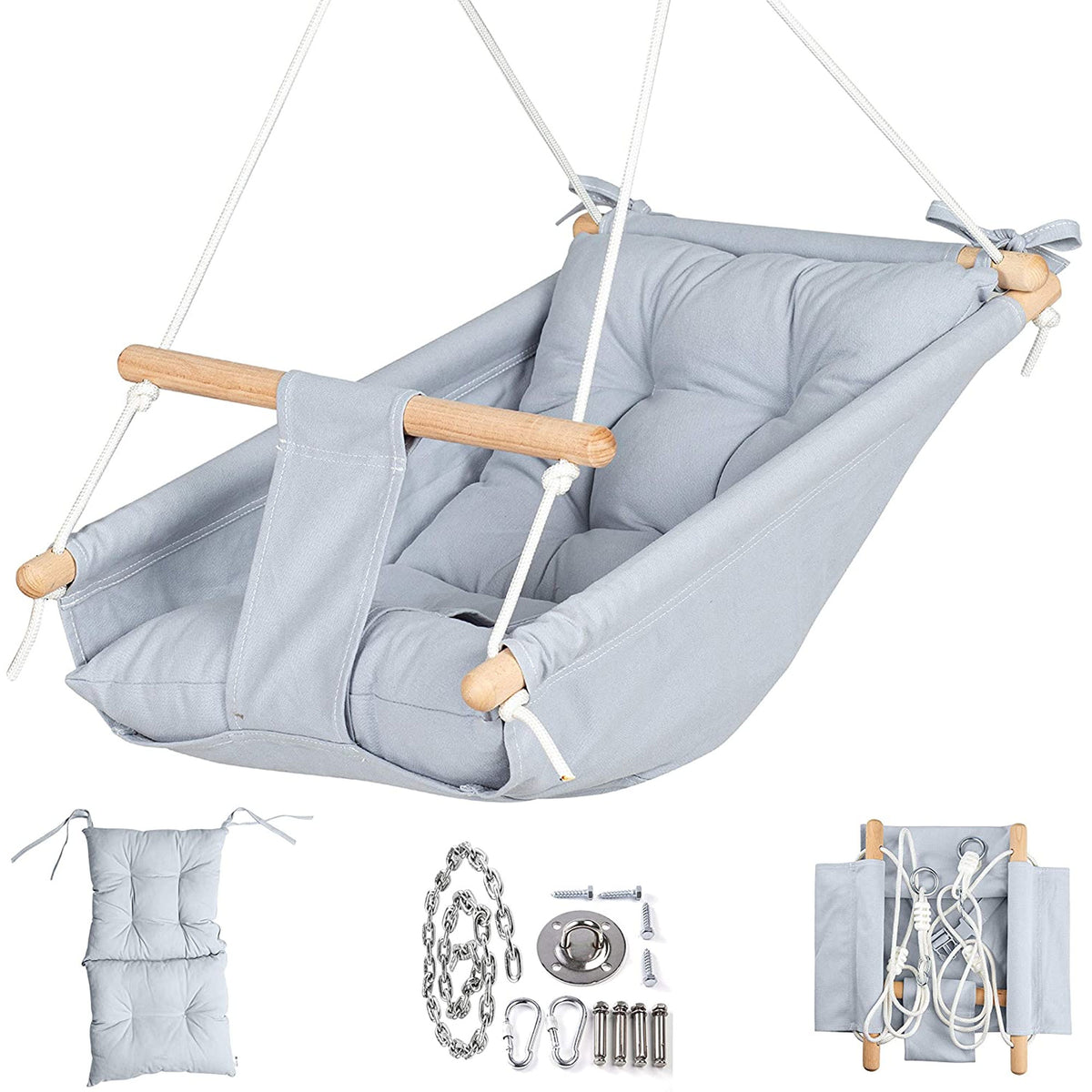 CaTeam Canvas Baby Wooden Hanging Swing Hammock Chair with Safety Belt, Gray - VMInnovations
