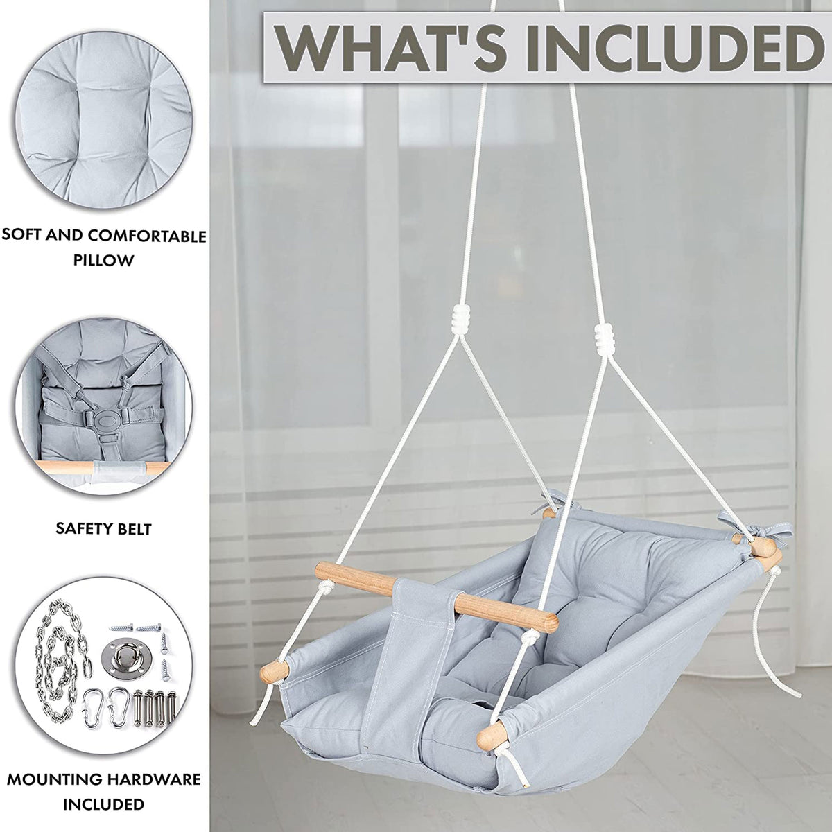 CaTeam Canvas Baby Wooden Hanging Swing Hammock Chair with Safety Belt, Gray - VMInnovations
