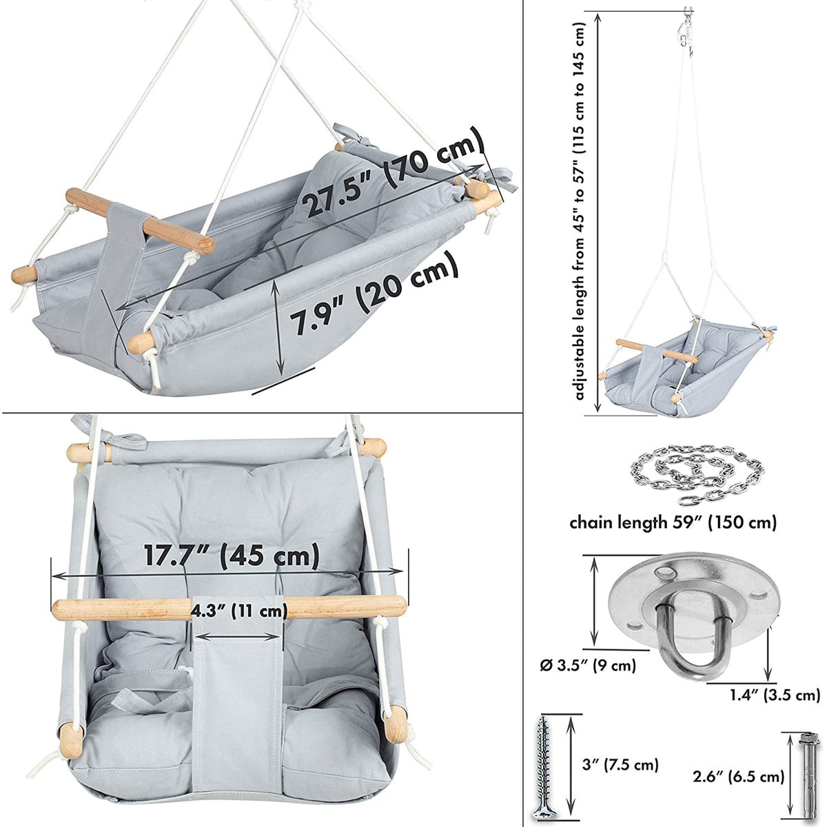 CaTeam Canvas Baby Wooden Hanging Swing Hammock Chair with Safety Belt, Gray - VMInnovations