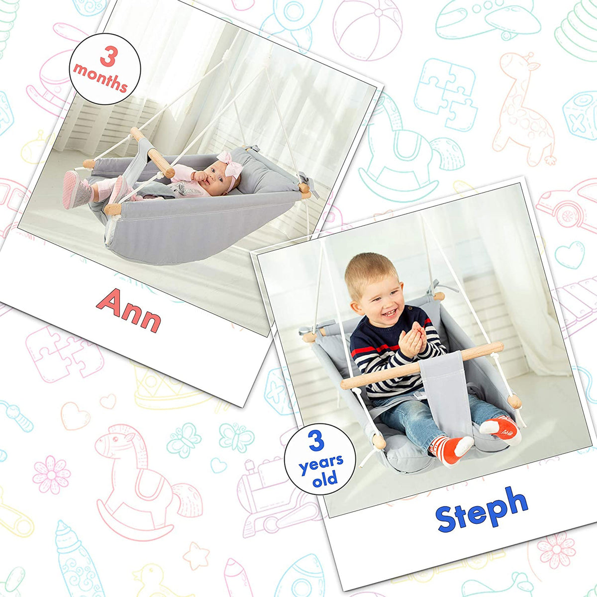 CaTeam Canvas Baby Wooden Hanging Swing Hammock Chair with Safety Belt, Gray - VMInnovations