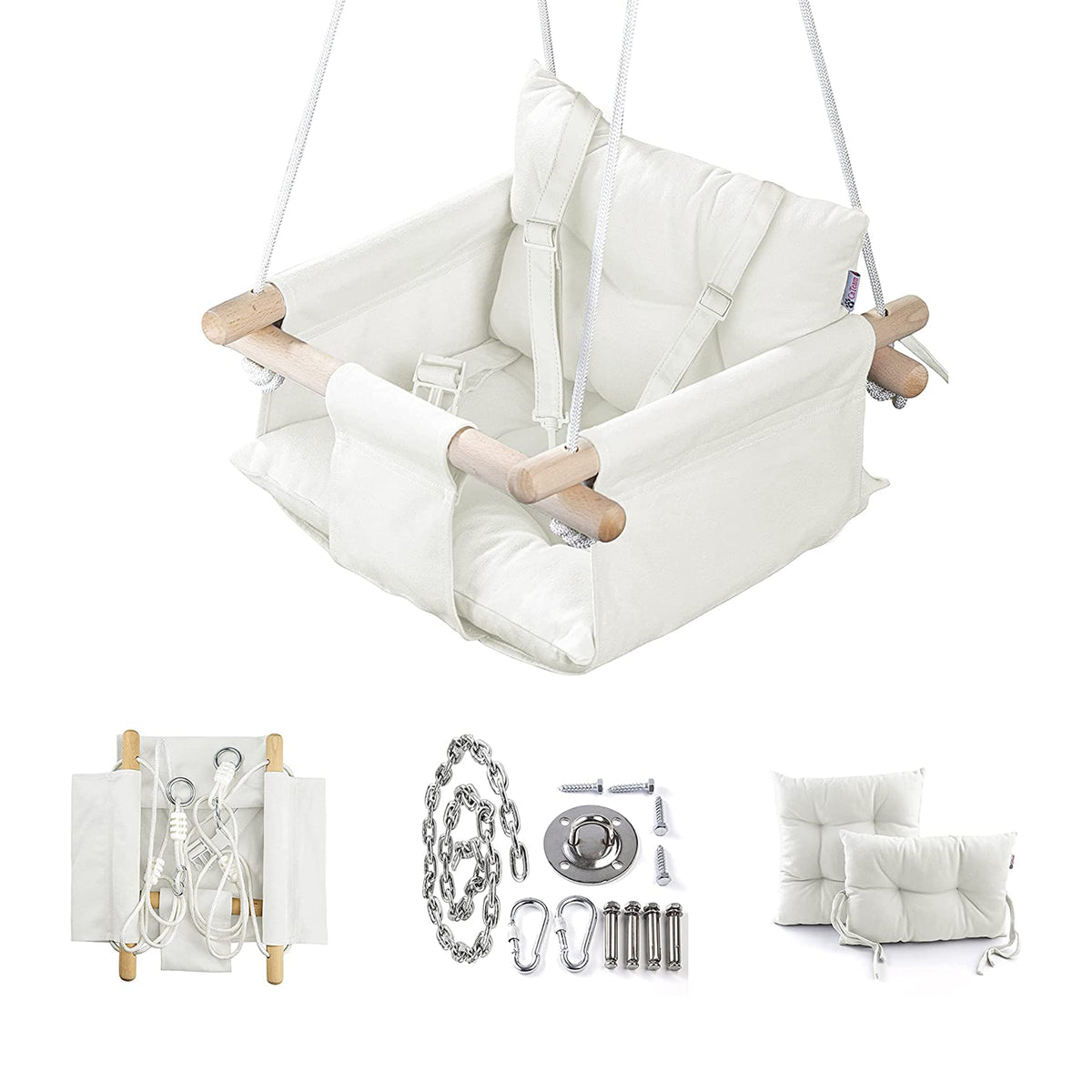 CaTeam Canvas Baby Wooden Hanging Swing Hammock Chair with Safety Belt, Ivory - VMInnovations