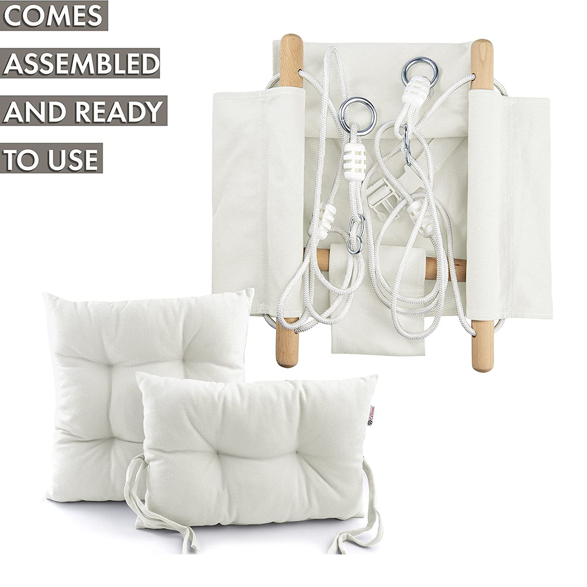 CaTeam Canvas Baby Wooden Hanging Swing Hammock Chair with Safety Belt, Ivory - VMInnovations