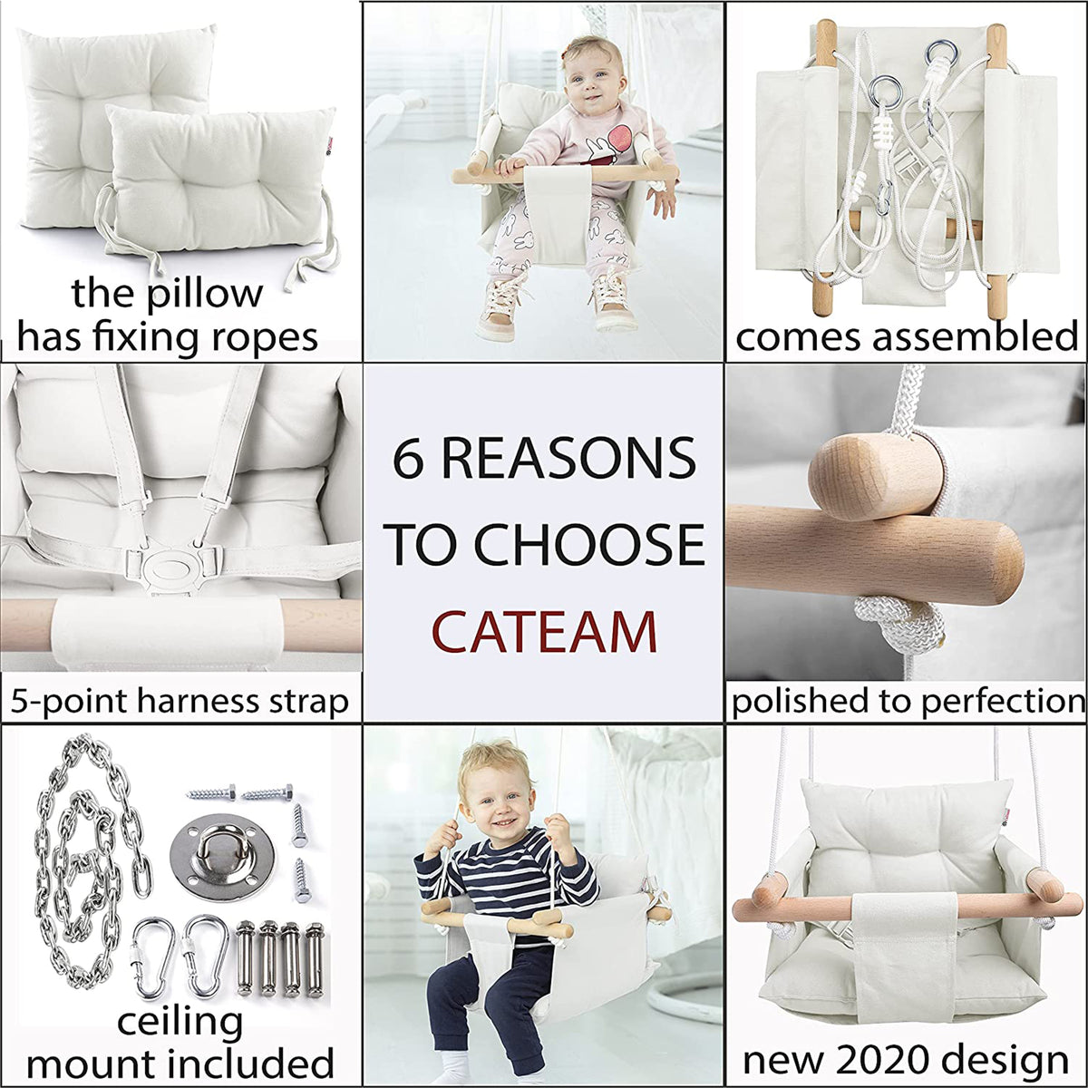 CaTeam Canvas Baby Wooden Hanging Swing Hammock Chair with Safety Belt, Ivory - VMInnovations