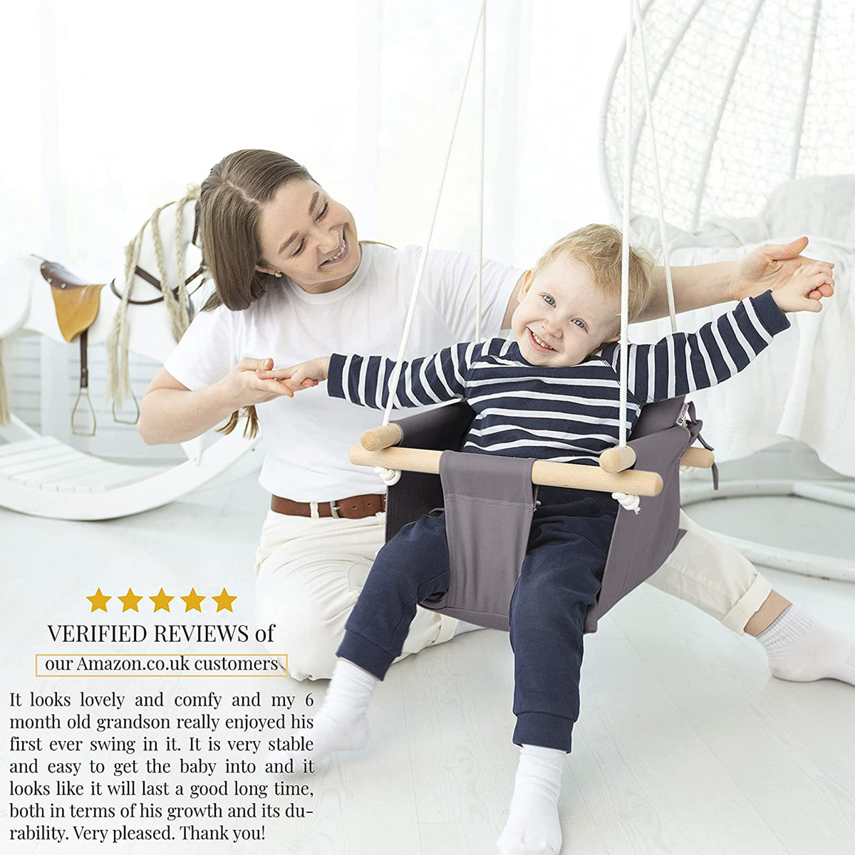CaTeam Canvas Baby Wooden Hanging Swing Hammock Chair w/ Safety Belt, Dark Gray - VMInnovations