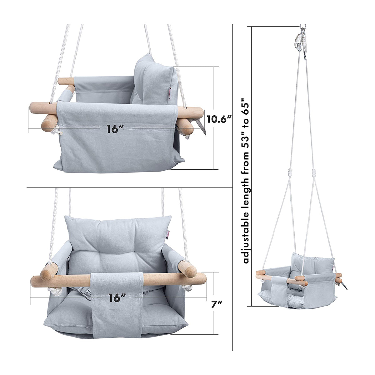 CaTeam Canvas Baby Wooden Hanging Swing Hammock Chair with Safety Belt, Gray - VMInnovations