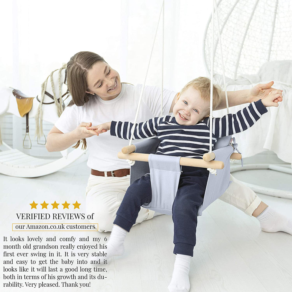 CaTeam Canvas Baby Wooden Hanging Swing Hammock Chair with Safety Belt, Gray - VMInnovations