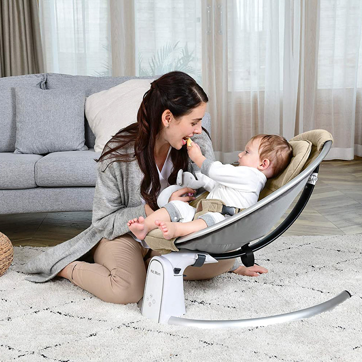 Hot Mom Electric Baby Bouncer Intelligent Timing Adjustable Seat Rocker, Beige - VMInnovations