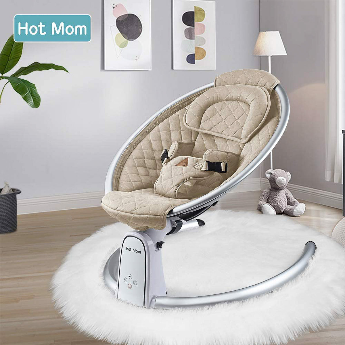 Hot Mom Electric Baby Bouncer Intelligent Timing Adjustable Seat Rocker, Beige - VMInnovations